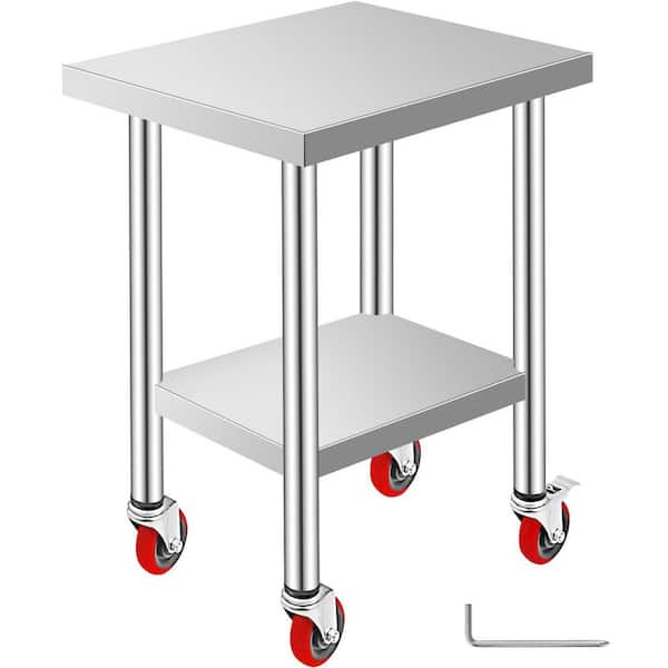 Kitchen Prep Table 24 x 18.1 x 33.9 in. Stainless Steel Rolling Table with Wheels and Brake Kitchen Utility Table,Silver