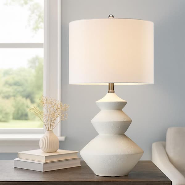 Regine 25 in. 3-Way White Ceramic Table Lamp with Drum Shade