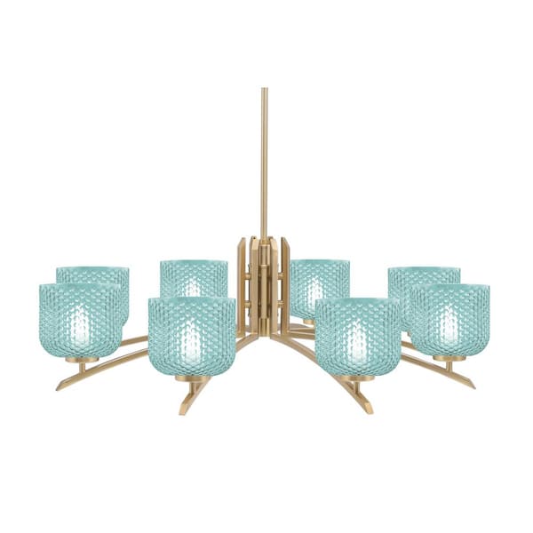 Unbranded Siena 36 in. 8-Light New Age Brass Chandelier with 6 in. Turquoise Textured Glass Shades, no bulbs included