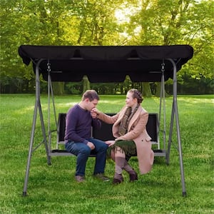 70.5 in. W 3-Person Black PE Wicker Outdoor Patio Swing Chair with Adjustable Canopy, for Patio Porch Garden, Black