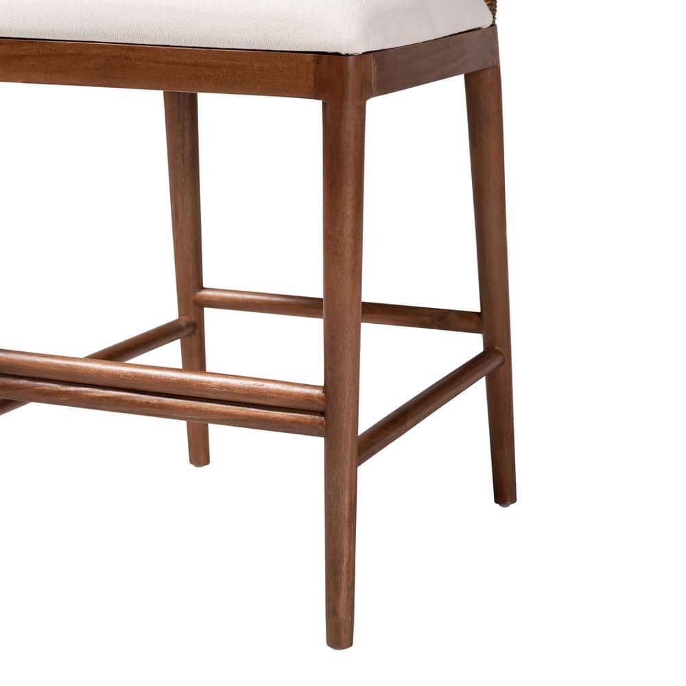 Nadim White Fabric and Acacia Wood Counter Stool with Seagrass Backrest