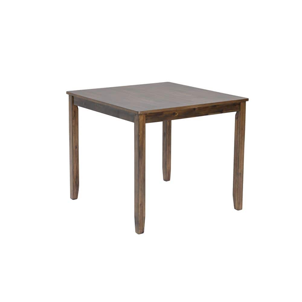 Square walnut wood dining table with four tapered legs.