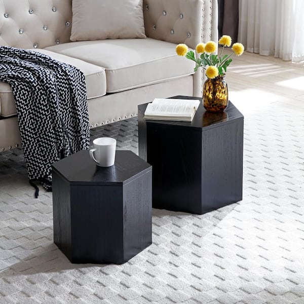 Zeus & Ruta Set of 2 Black Nesting Hexagon Coffee Tables with MDF For Living Room, Office, Bedroom