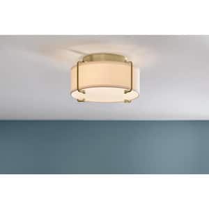 Brookley 13 in. 2-Light Brushed Gold Flush Mount with White Fabric Shade