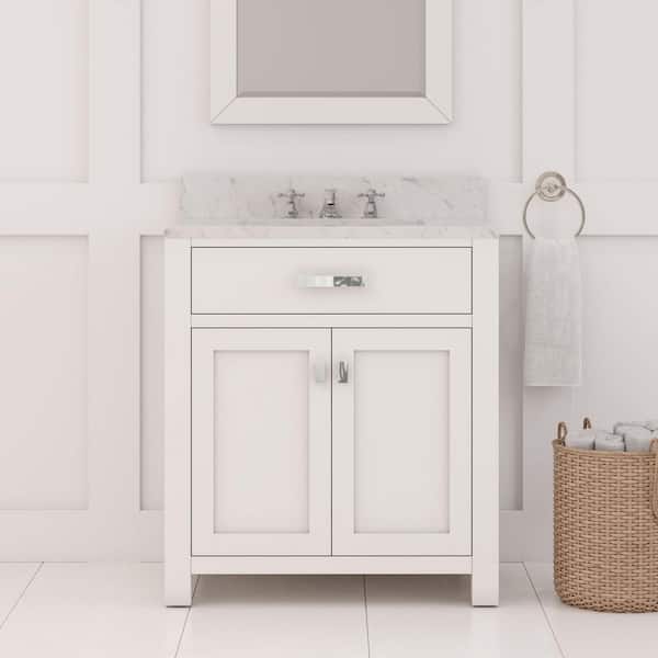 Madison 30 in. W x 21.5 in. D x 34 in. H Single Sink Bath Vanity in Pure White with Carrara White Marble Top