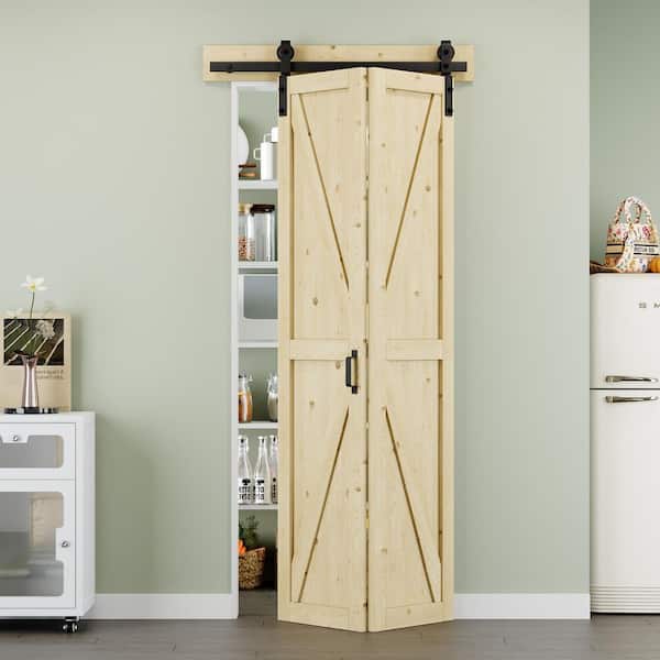 ARK DESIGN 36 in. x 84 in. Paneled K Shape Solid Pine Wood Unfished Bi-fold Sliding Barn Door with Hardware Kit and Handle