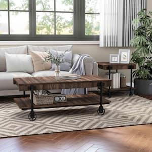 Bargib 2-Piece 47.25 in. Black and Dark Walnut Rectangle Wood Coffee Table Set with Wheels