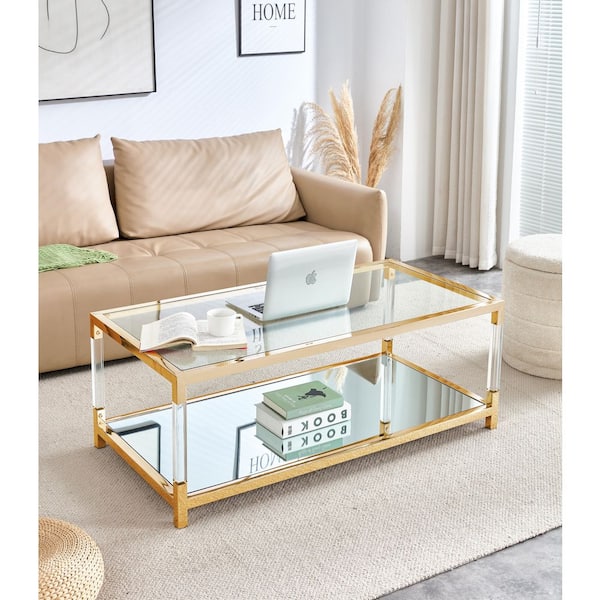 47 in. Clear Rectangle Tempered Glass Coffee Table with Stainless Steel Legs, 2-Tier Center Table for Living Room