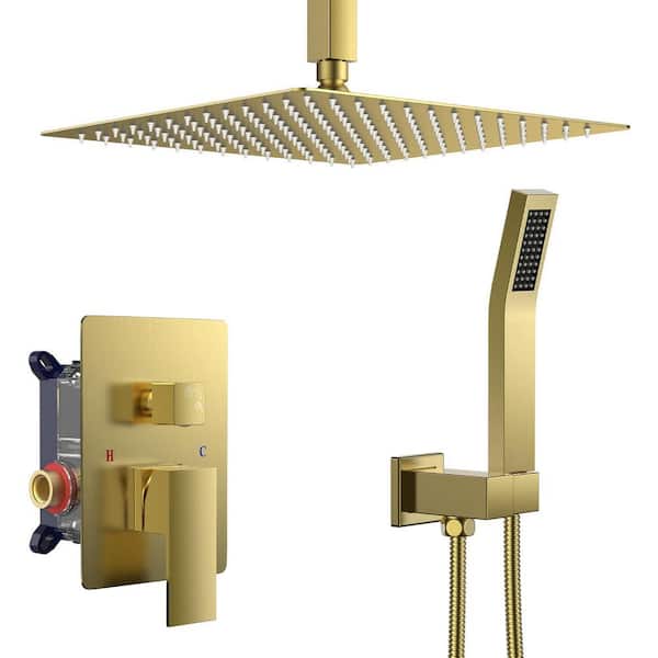MTTCLE Single-Spray Square High Pressure Ceiling Mount Rain Shower Faucet Set with Hand Shower in Brushed Gold
