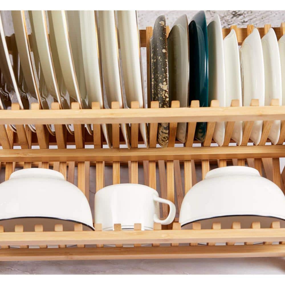 Foldable Bamboo 3-Tier Dish Rack with Utensil Holder