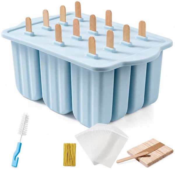 12 Cavities Blue Silicone Popsicle Mold, Ice Pop Mold with 50-Piece Popsicle Sticks and Cleaning Brush