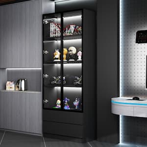 Black Wood 31.5 in. W Display Cabinet with Tempered Glass Doors, Drawers, Adjustable Shelves, LED Lights