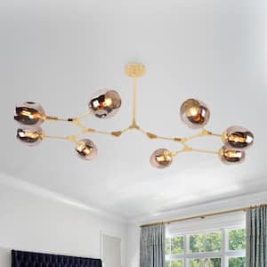 8-Light Smoky Grey Modern Linear Chandelier with Gold Adjustable Arms and Glass Shades