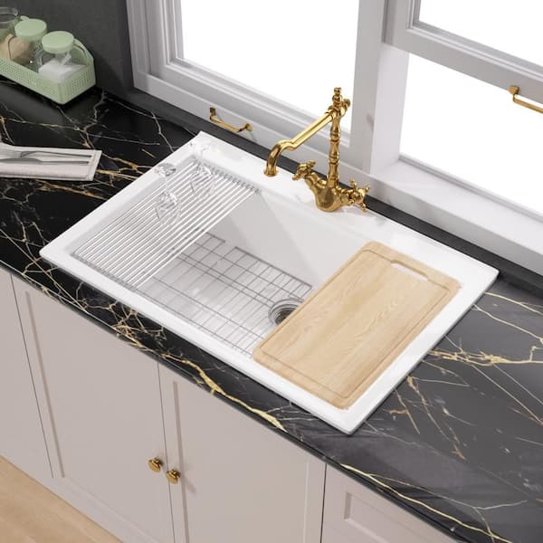WetBase Workstation Kitchen Sink 33" Drop In White Fireclay Kitchen Sink Single Bowl with 1 Faucet Hole Cutting Board Grid Drain