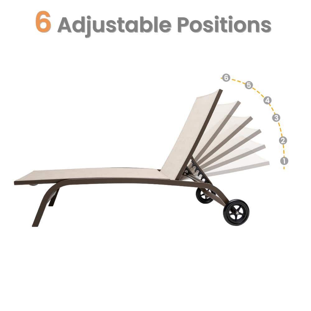 Beige Adjustable Metal Frame Chaise Lounge with Wheels