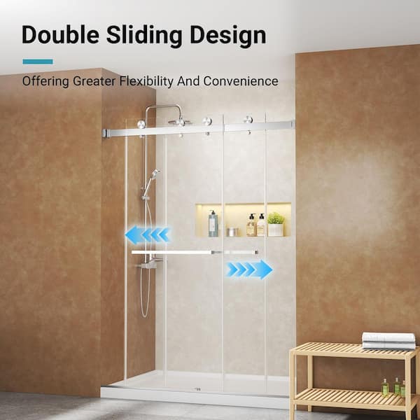 56-60 in.W x 76 in.H Double Sliding Frameless Shower Door,3/8 in.(10mm)Tempered Glass,Stainless Steel,Brushed Nickel