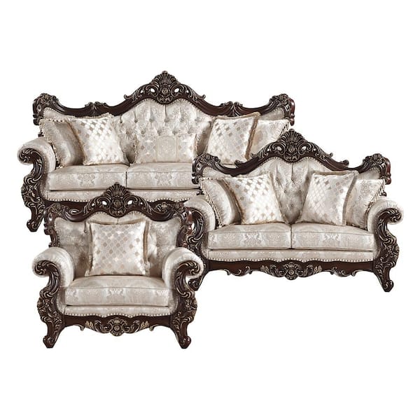 Warwick 94.5 in. W Rolled Arm Rectangle Jacquard Fabric 2-Piece Living Room Sofa Set in Pattern Ivory Colour