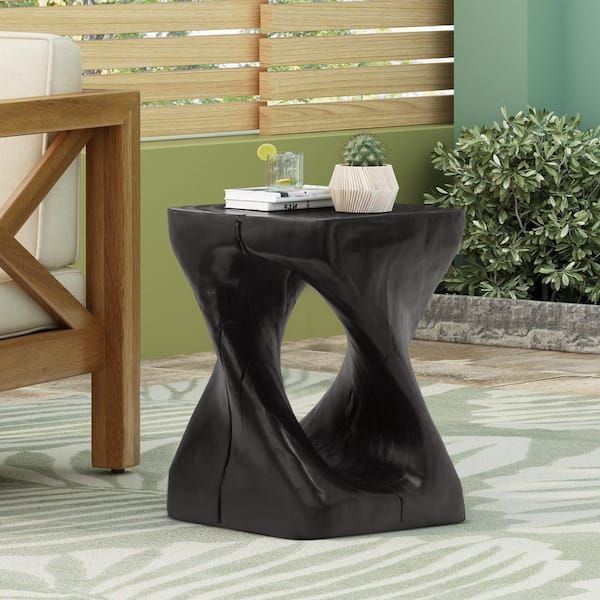 Harper & Bright Designs Black Square MGO Concrete Outdoor Side Table with Twist Shape and Wood-like Texture