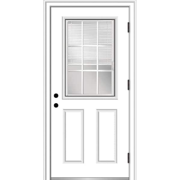 MMI Door 32 in. x 80 in. Internal Blinds/Grilles Left-Hand Outswing 1/2-Lite Clear Primed Fiberglass Smooth Prehung Front Door