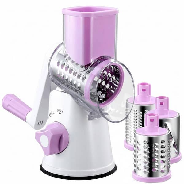 Purple Rotary Cheese Grater with 3 Stainless Steel Blades for Slicing, Shredding and Grinding, Easy to Clean