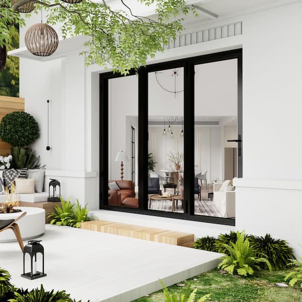 108 in. x 96 in. Left Swing/Outswing Double Tempered Glass Black Aluminum Folding Patio Door