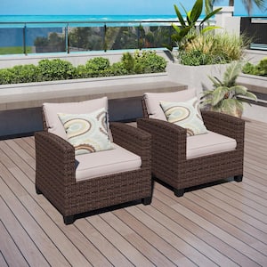 Dark Brown Rattan Wicker Outdoor Patio Lounge Chairs with Beige Cushions (2-Pack)