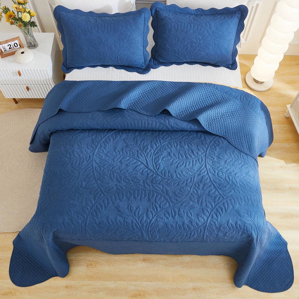Navy Cotton Queen Embroidered Bedspread Set