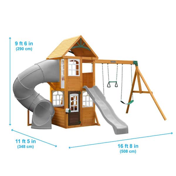 DIY Sterling Falls Wooden Outdoor Playground Set with Slides, Clubhouse, Play Kitchen, Swing Set, and Accessories