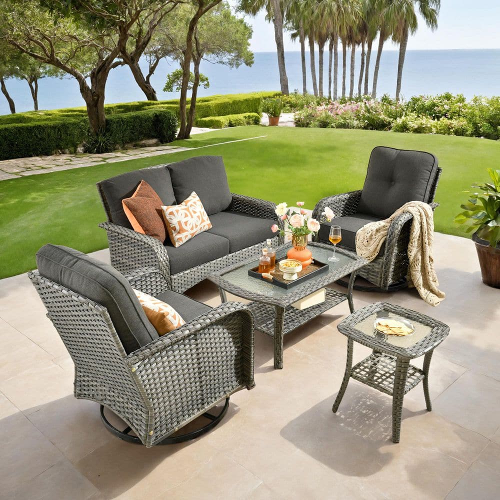 Hot Sale Valora 5-Piece Gray Wicker Outdoor Sectional Set with Black Cushion Coffee Table and Side Table for Deck, Patio price history on PriceWatchPro