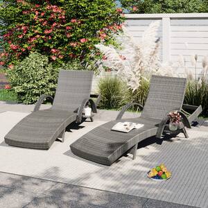 Gray Wave Design Adjustable Backrest Wicker Outdoor Lounge Chair Set of 2 with Pull-out Side Table