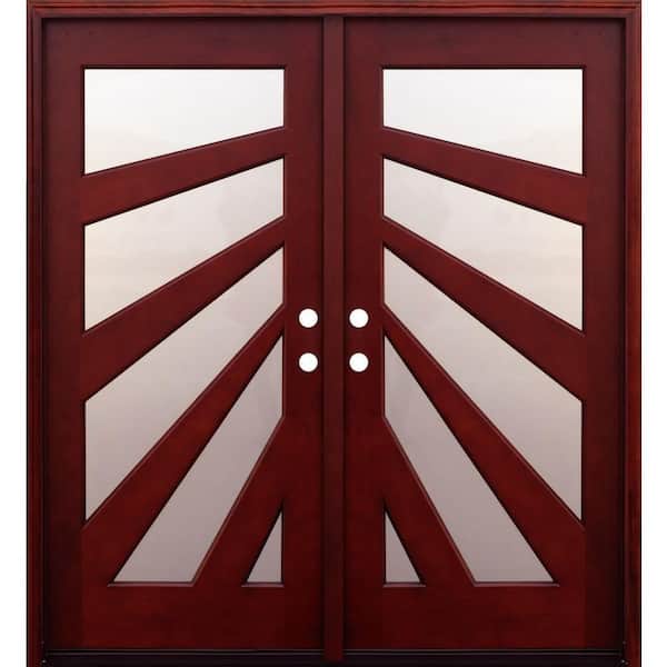Pacific Entries 72 in. x 80 in. Contemporary 5 Lite Fan Stained Mahogany Double Wood Prehung Front Door