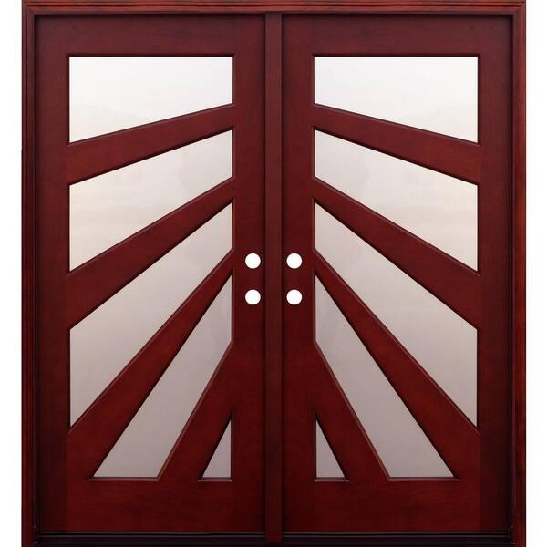 Pacific Entries 72 in. x 80 in. Contemporary 5 Lite Fan Stained Mahogany Double Wood Prehung Front Door with 6 in. Wall Series