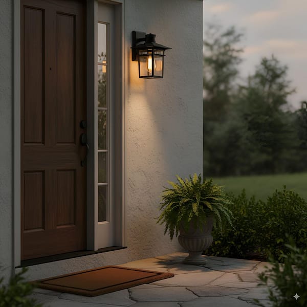 1-Light Matte Black Motion Sensing Dusk to Dawn Not-Solar Outdoor Wall Lantern Sconce with Clear Tempered Glass