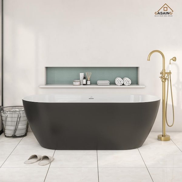 CASAINC 67 in. 31 in. Stone Resin Non-Whirlpool Soaking Bathtub in Matte Black Outside and White Inside with Faucet