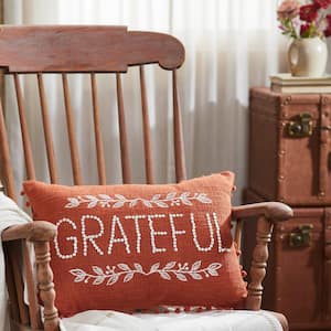 Seasons Crest Burnt Orange Pom Pom Embroidered 14 in. x 20 in. Grateful Autumn Decorative Throw Pillow