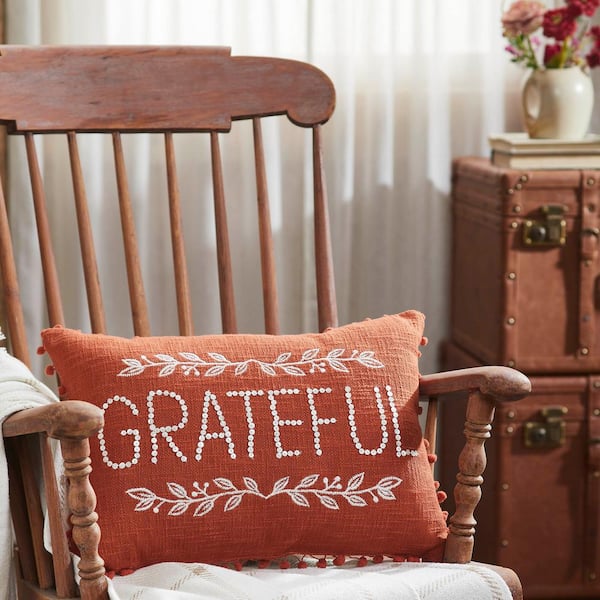 VHC Brands Seasons Crest Burnt Orange Pom Pom Embroidered 14 in. x 20 in. Grateful Autumn Decorative Throw Pillow