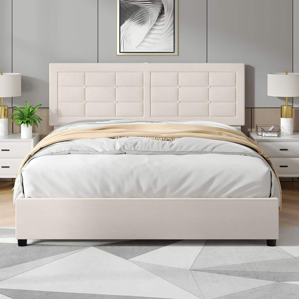 VECELO Upholstered Bed, Beige Metal Frame Full Platform Bed With Wood ...