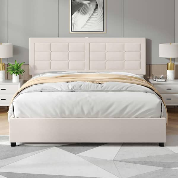 VECELO Upholstered Bed, Beige Metal Frame Full Platform Bed with Wood Slats Support, Headboard, Built-in USB and Type C Ports