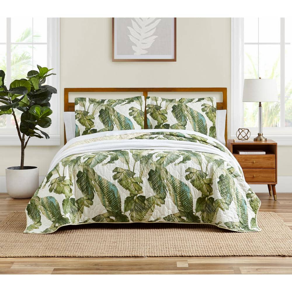Twin White Cotton Reversible Quilt Set with Green Palm Design