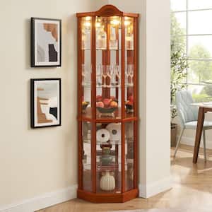 Brown Wood Glass Corner Storage Display Cabinet With Light Bar and Adjustable Glass Shelves