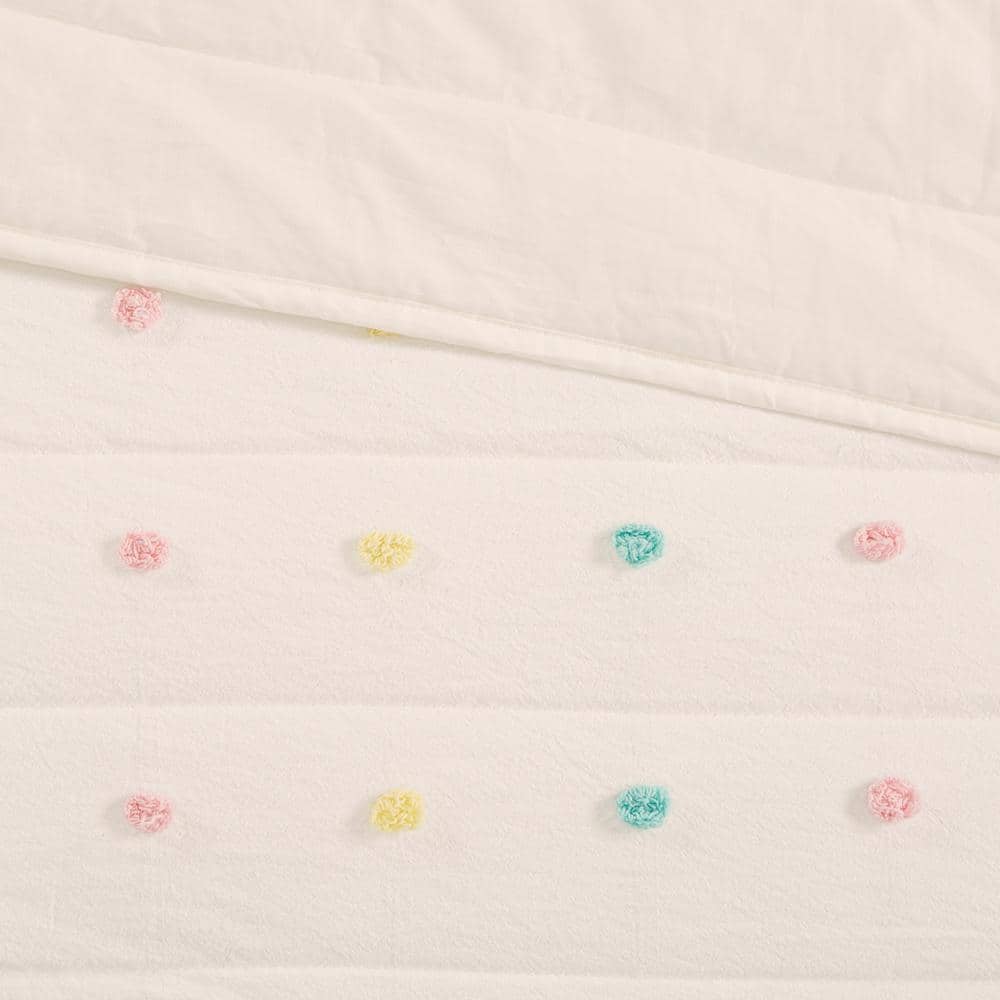 Callie Pom Pom Cotton Jacquard Full/Queen Quilt Set in Cream/Aqua/Teal