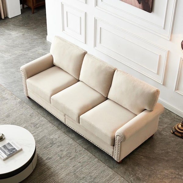 Modern 82.68 in W Round Arm Linen Upholstery Polyester Nailhead Trim Straight 3-Seat Sofa with Storage in Beige