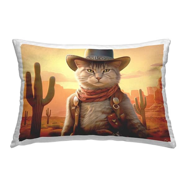 Stupell Industries Southwestern Cowboy Cat Orange Print Polyester 14 in. x 20 in. Throw Pillow