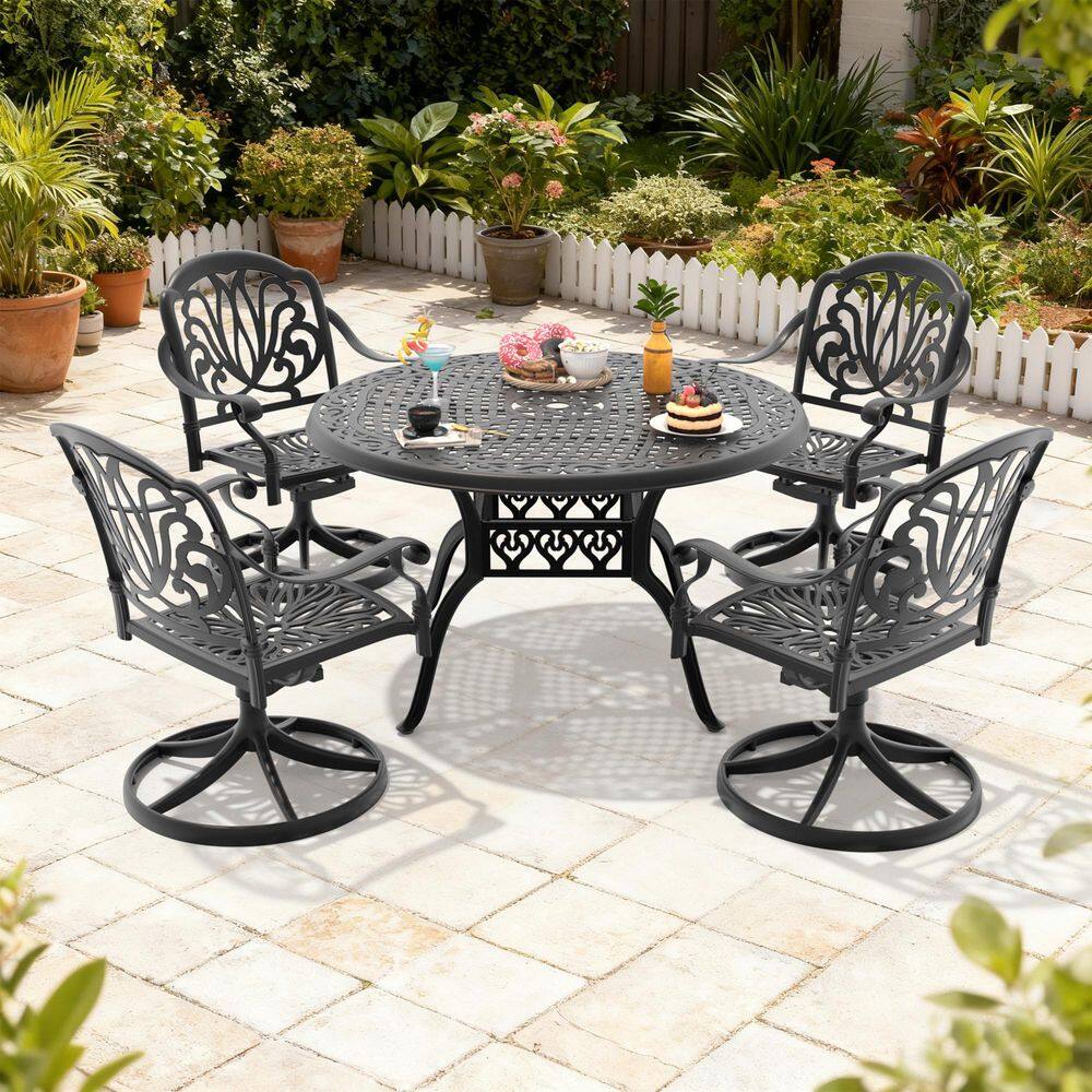 Black 5-Piece Cast Aluminum Patio Outdoor Dining Set with 4 Swivel Rockers with Brown Cushions and 48.03 in. Round Table price history on PriceWatchPro