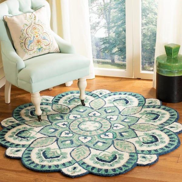 Novelty Ivory/Blue 5 ft. x 5 ft. Round Floral Area Rug