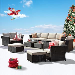 Mesa Brown 12-Piece No Assembly Wicker Outdoor Patio Conversation Sofa Set with Beige Cushions