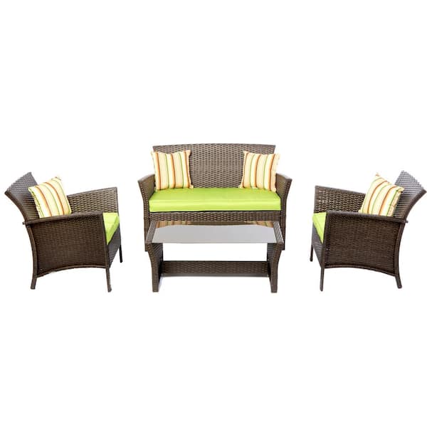 Alfresco 4-Piece Bimini All-Weather Wicker Patio Conversation Set with Green Cushions and Throw Pillows