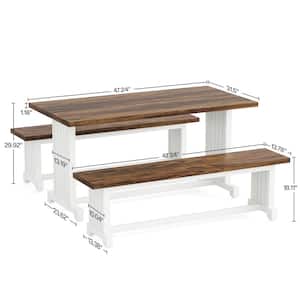 3-Piece Rectangular White Brown Engineered Wood Top Dining Room Set Kitchen Table (Set for 4-6)