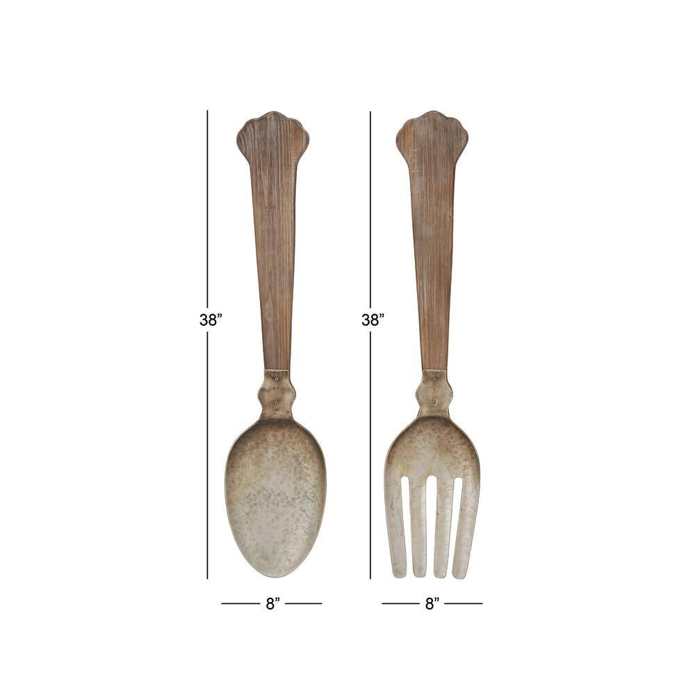 Large Brown and Silver Metal Spoon and Fork Wall Decor Set
