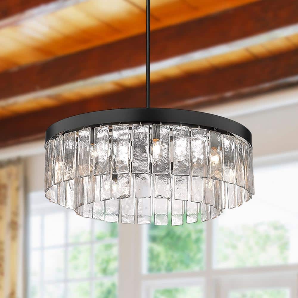 Matte Black 27" Drum Chandelier with Hammered Glass Panels